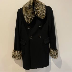 INC Black Peacoat Cheetah Fur Collar